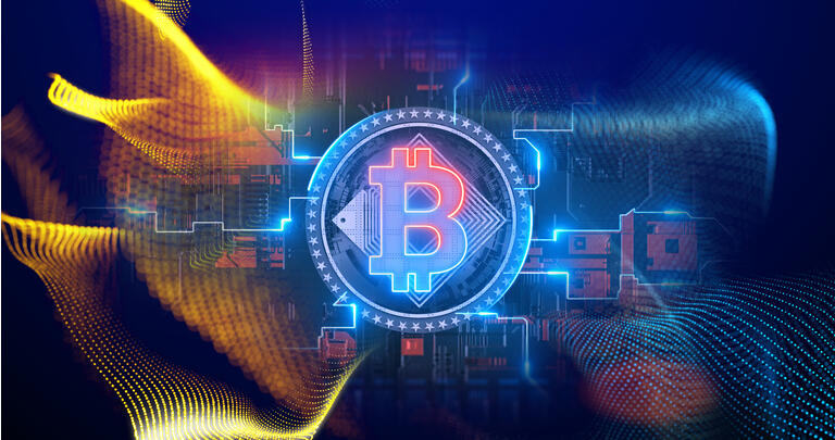 Cryptocurrency Bitcoin symbol crypto binary virtual data blockchain tech glowing background