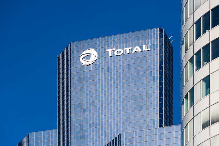 Exterior view of the Total Coupole tower in Paris - La Defense, housing the headquarters of the oil company Total SA