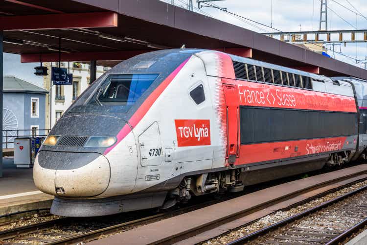 A TGV Lyria high speed train at Geneva station.