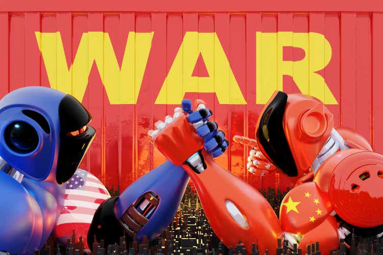 USA and China trade war, Robot War, arm wrestling - 3D illustration