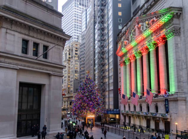 Beautiful Christmas holiday tree in front of New York Stock Exchange building.
