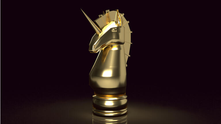 The gold unicorn chess for start up business content 3d rendering