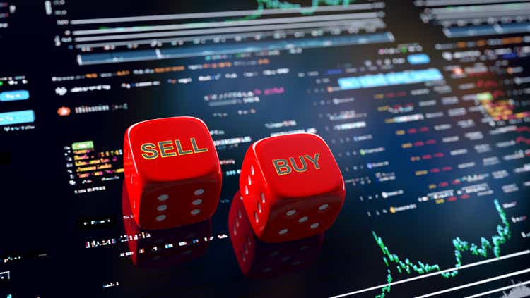 Sell ​​and buy dice with business graphs and charts