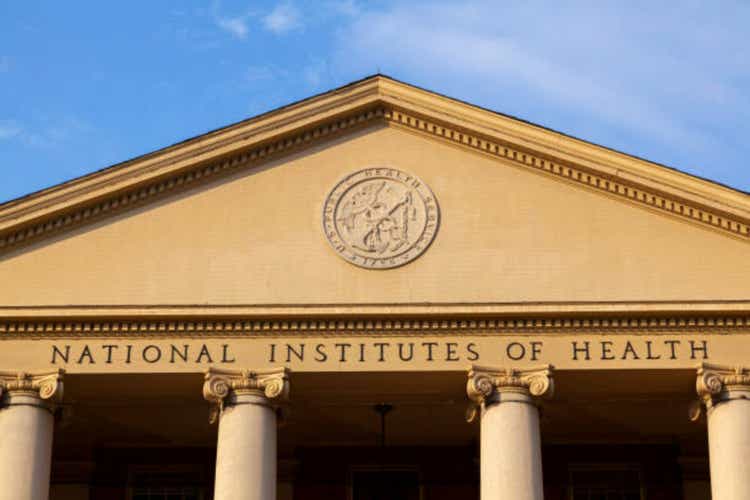 Exterior view of the main historic building (Building 1) of National Institutes of Health (NIH) inside Bethesda campus