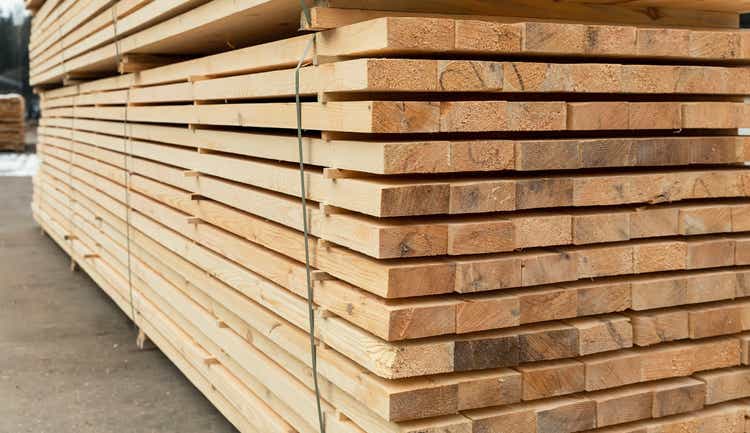 Packed boards, lumber piles in the finished goods warehouse