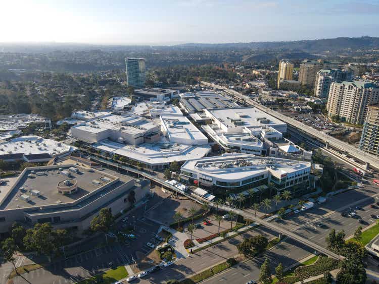 Aerial view of UTC Westfield shopping mall, large commercial center in University City, San Diego
