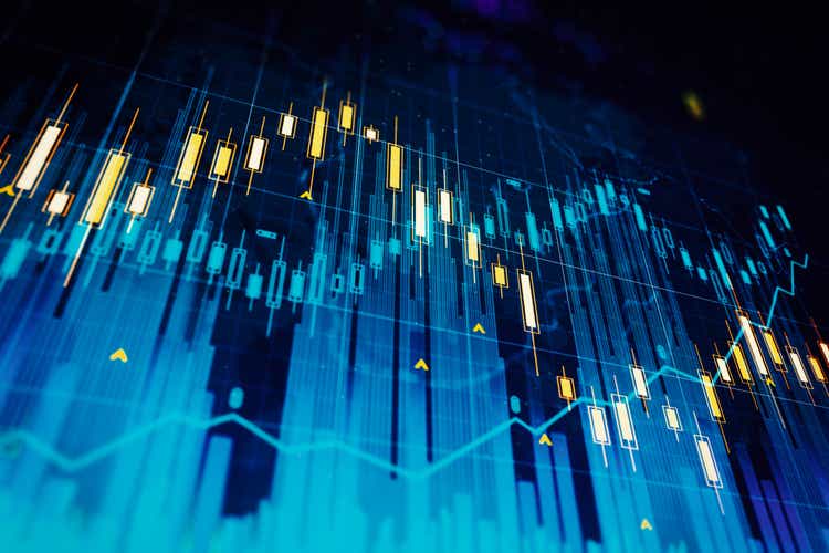 Virtual creative financial chart hologram on blue background, research and analytics concept. 3D Rendering