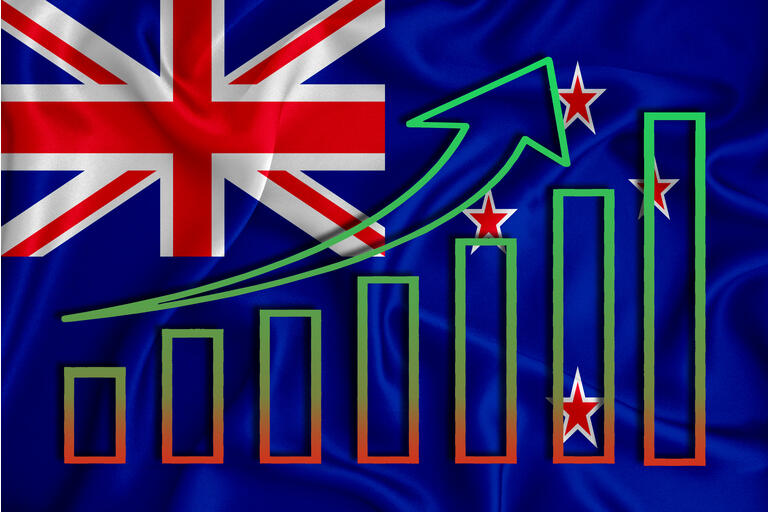New Zealand flag with a graph of price increases for the country"s currency. Rising prices for shares of companies and cryptocurrencies. Economic recovery concept.