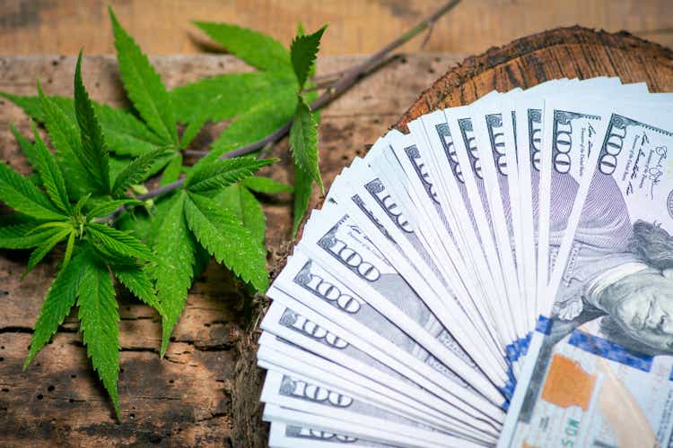 Marijuana cannabis leaves on dollar bills