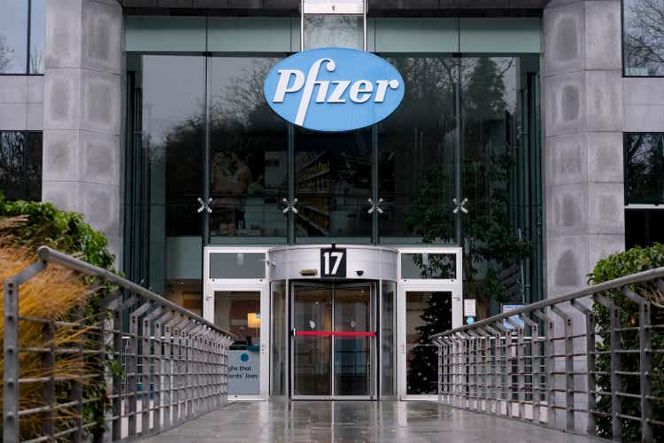 Exterior view of Pfizer Pharmaceutical company"s offices in Brussels, Belgium