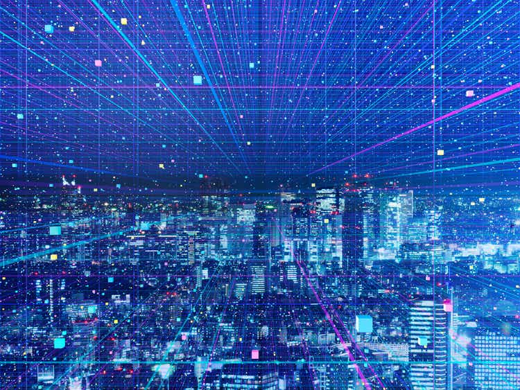 Data particle over city at night in cyberspace