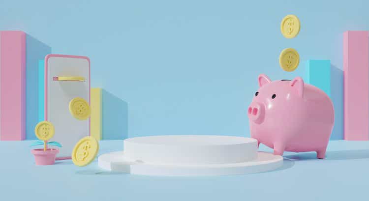 3d white podium on pastel blue abstract background.  Pink coins fall from the piggy bank.  Mobile cartoon about money.  3D rendering for podium winner, product mockup design.  Minimal creative ideas.