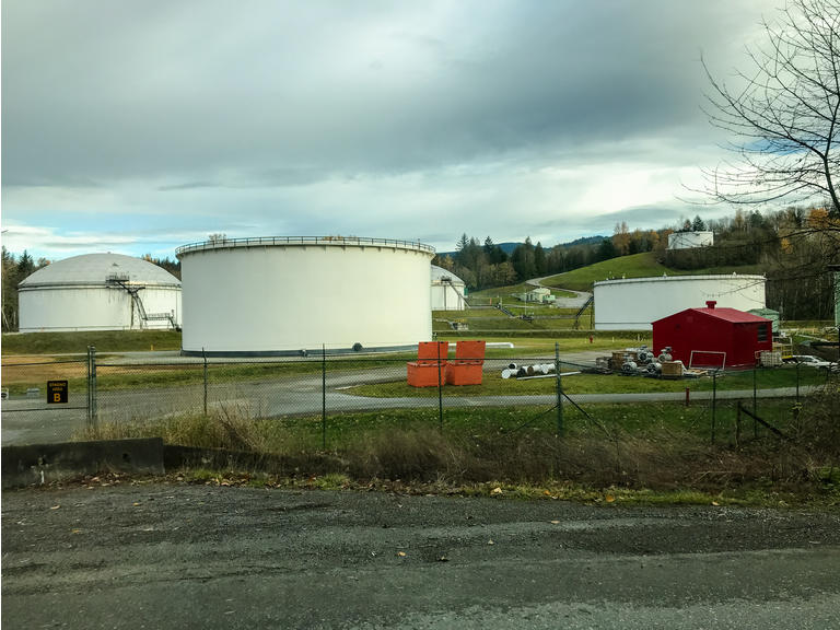 Crude oil storage tanks at the Kinder Morgan terminal in Abbotsford British Columbia