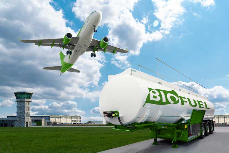 Airplane and biofuel tank trailer on the background of airport. New energy sources