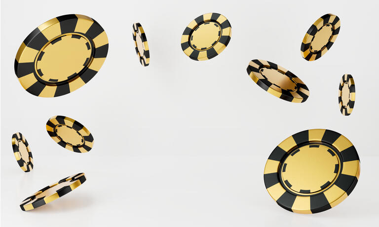 3D rendering of casino chips falling isolated on white background abstract. Black and golden casino game. Luxury gamble concept.