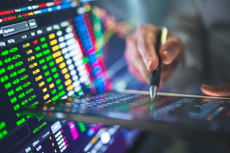 Green bid-offer in Financial stock market investment trading graph. Candle stick graph chart. Currency exchange rates. Bullish point trend after coronavirus crisis