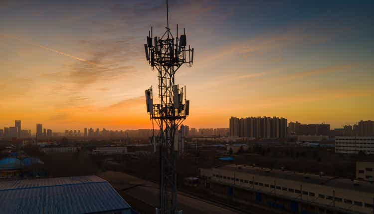 Aerial view of 5G telecommunication tower