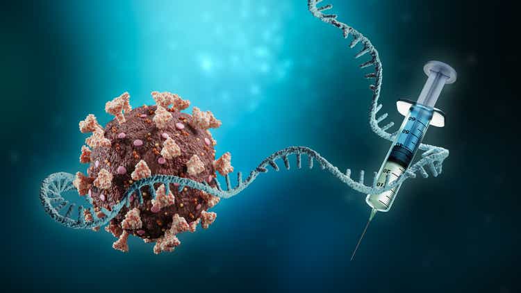 Coronavirus or sars-cov-2 virus cell with messenger RNA or mRNA and syringe on blue background 3D rendering illustration with copy space. Vaccination or vaccine, immunity, pandemic, science, medicine, medical technology concept.