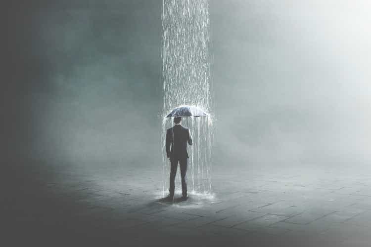 3D Illustration of unlucky business man under rain, surreal concept