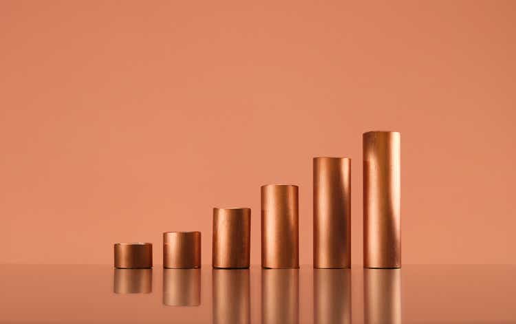 Copper tubes forming a growing bar graph, copy space. Commodity supercycle concept.