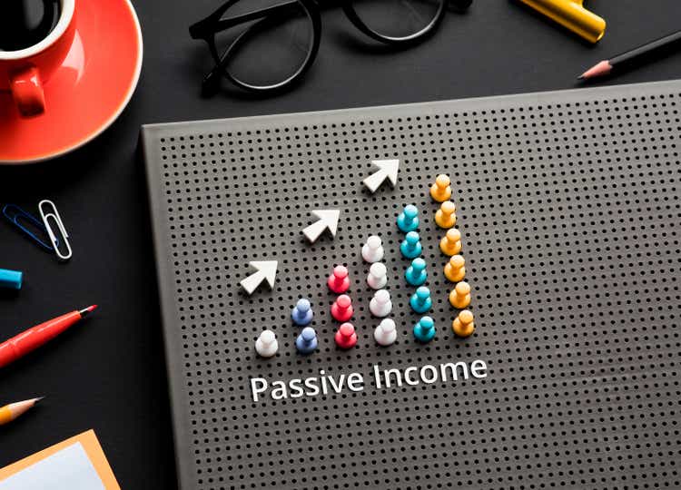 Passive income text with pin garph chart on business table