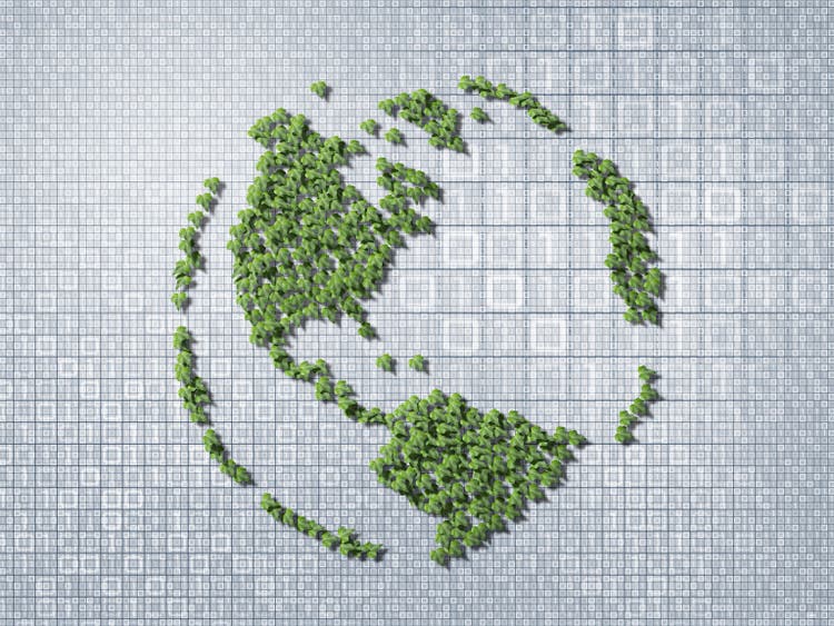 Globe made from a collage of ivy on binary code back ground.