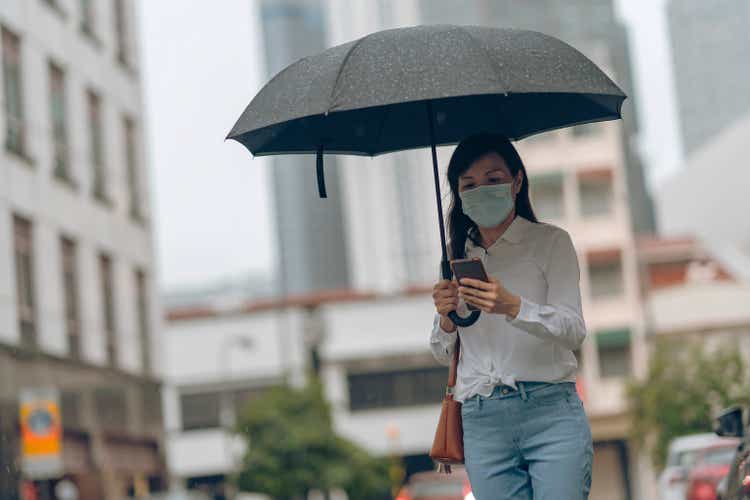 Asian woman wearing surgical mask commuting to work by taxi on a rainy day