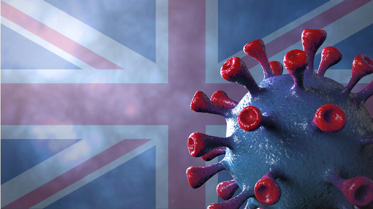 Covid british and england variant, covid-19 virus with english flag