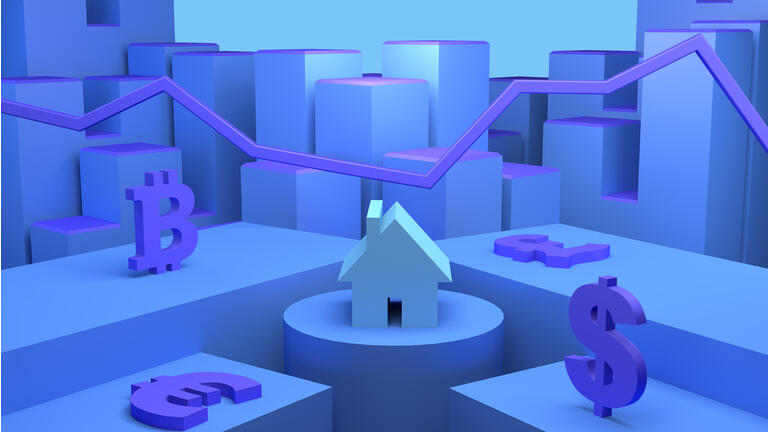 Economic chart with currency symbols and a house. Real estate market. Banner background. 3d illustration. Bitcoin.
