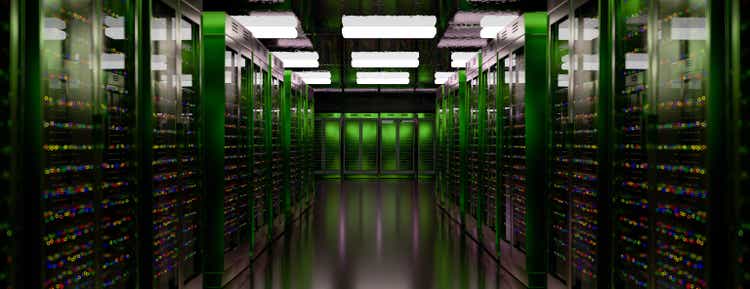 Server room data center. Backup, mining, hosting, mainframe, farm and computer rack with storage information. 3d render