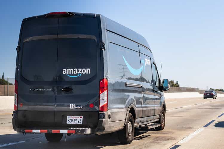 Amazon van driving on the freeway
