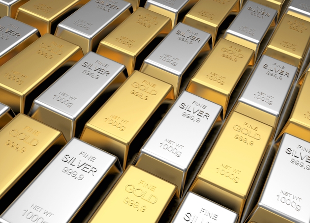 Rows of gold and silver bars are staggered.