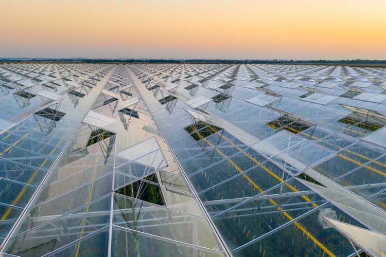 Aerial view of greenhouse for growing vegetable during idyllic sunset