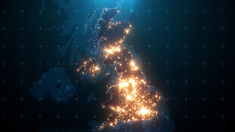 Night Map of United Kingdom with City Lights Illumination