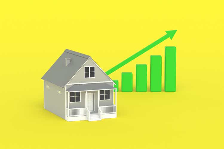 House and growth chart with arrow. Growth of shares of construction companies. Investments. Increasing demand for buying and renting real estate. The positive popularity of a small building. 3d rendering