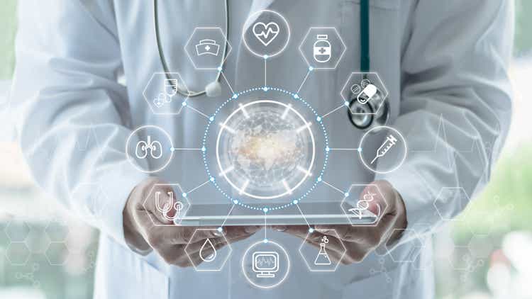 Medical tech science, innovative iot global healthcare ai technology, World health day with doctor on telehealth, telemedicine service analyzing online on EHR, EMR patient digita data on tablet in lab