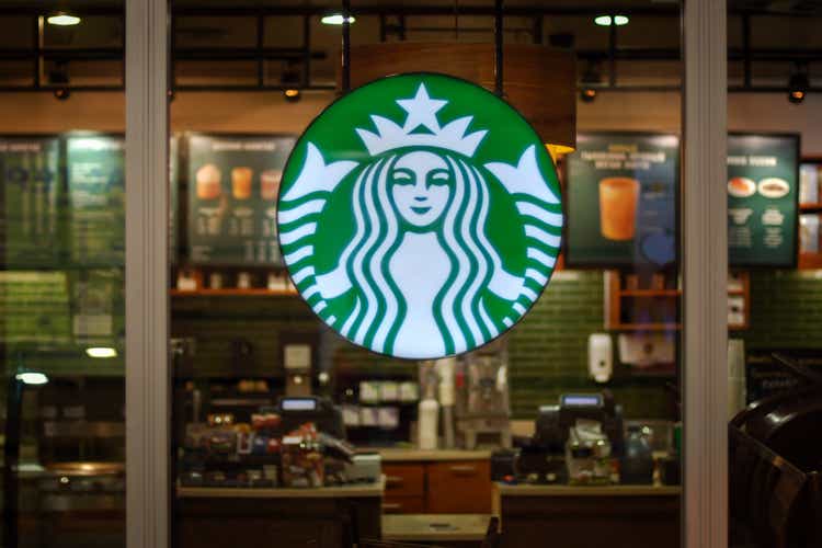 Starbucks cafe interior - empty cafeteria behind glass wall