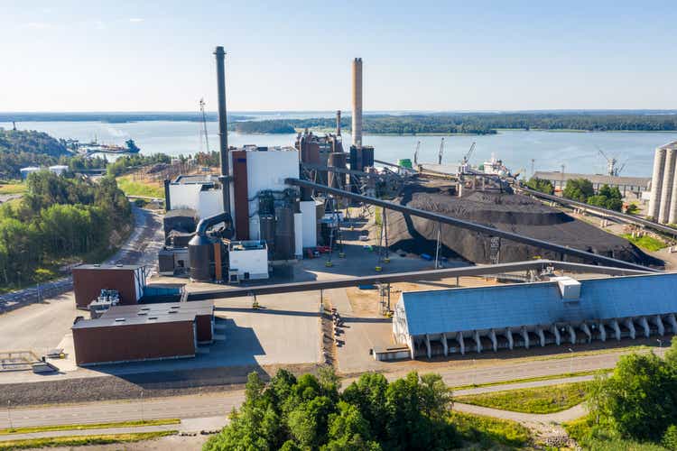Aerial view of the old coal plant and the new combined power and heat plant in Naantali, Finland