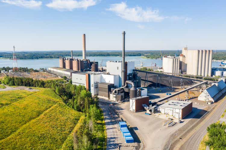 Aerial view of the old coal plant and the new combined power and heat plant in Naantali, Finland