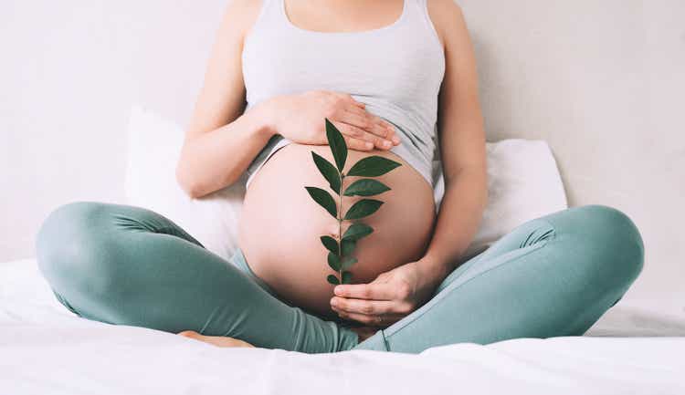 Pregnant woman holds green sprout plant near her belly as symbol of new life, well-being, fertility, unborn baby health.