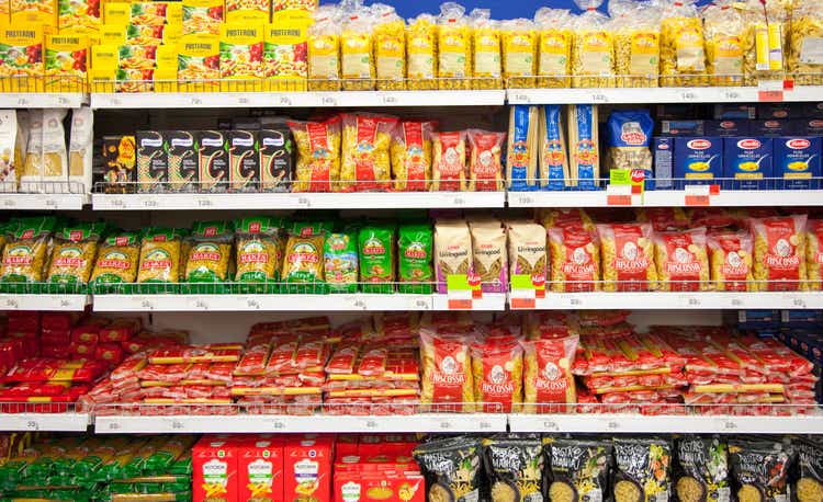 Kaliningrad, Russia - January 31, 2021: Pasta on supermarket shelves.