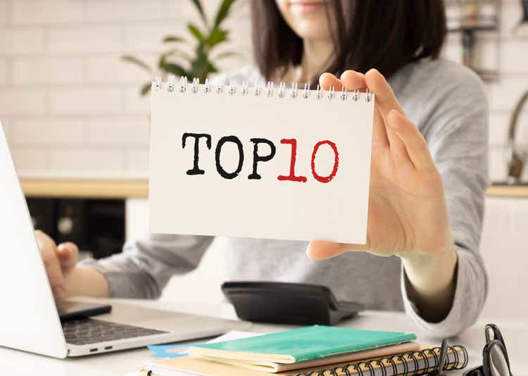 Top 10 text on notebook in hand businesswoomen.
