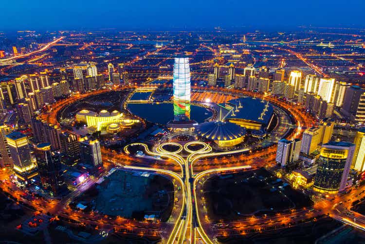 Aerial view cityscape of Zhengzhou CBD night in China