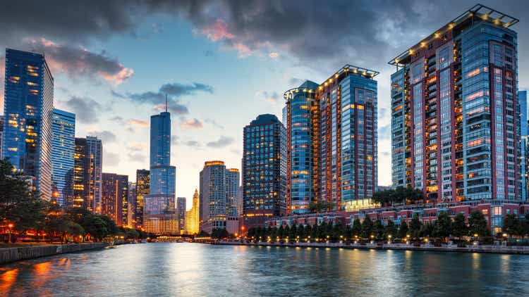 Chicago Urban Skyine at Sunset Downtown Chicago Cityscape Panorama