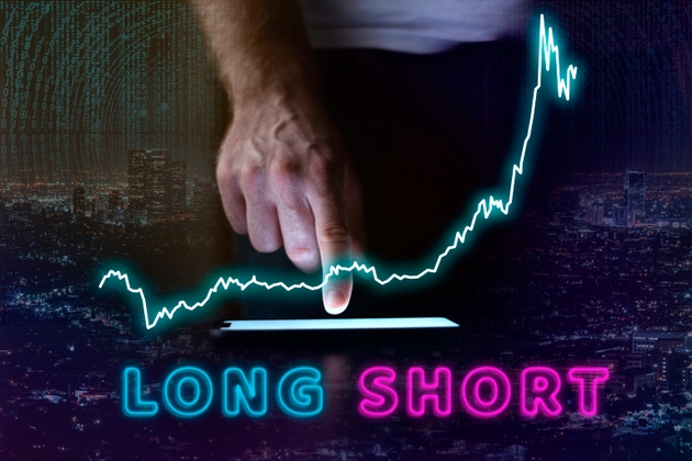 Crypto currency, Virtual money, Bitcoin chart going up. Longing and shorting, buying and selling with smartphone.