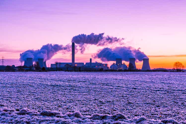 Drax in Winter with a hard frost covering agricultural fields and water vapour trails from a local Power Station.