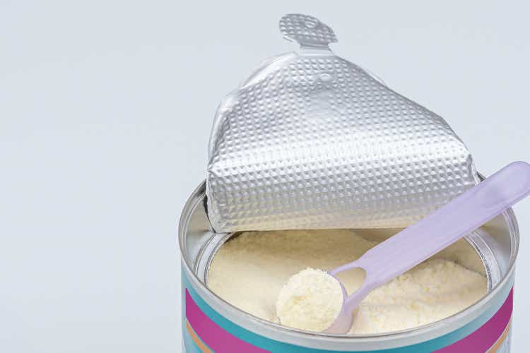 Infant formula in spoon. High angle view of baby formula and spoon in can
