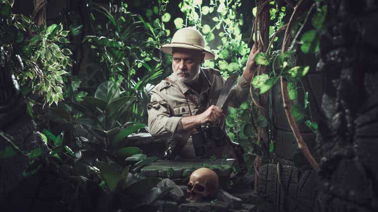 Brave explorer walking in the jungle with a machete