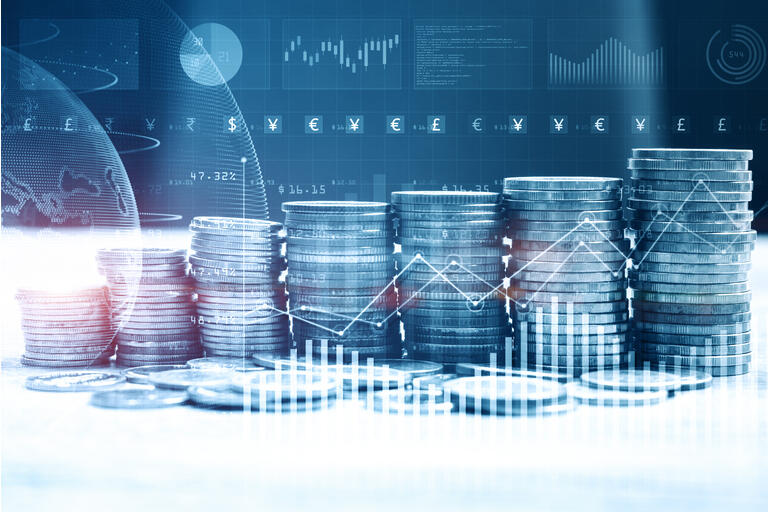 Stack of money coin with trading graph for finance investor. Cryptocurrency digital economy. Financial investment background concept. 3d rendering