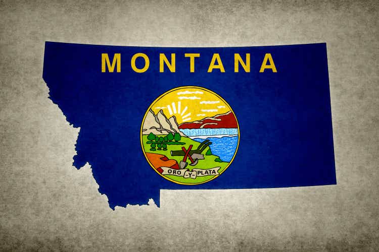 Grunge kaart van de staat Montana met zijn vlag die binnen wordt gedrukt